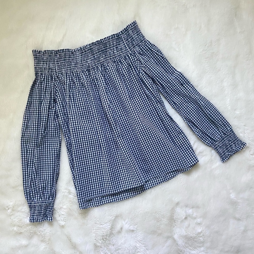 En Crème Navy Gingham Off-the-shoulder Blouse